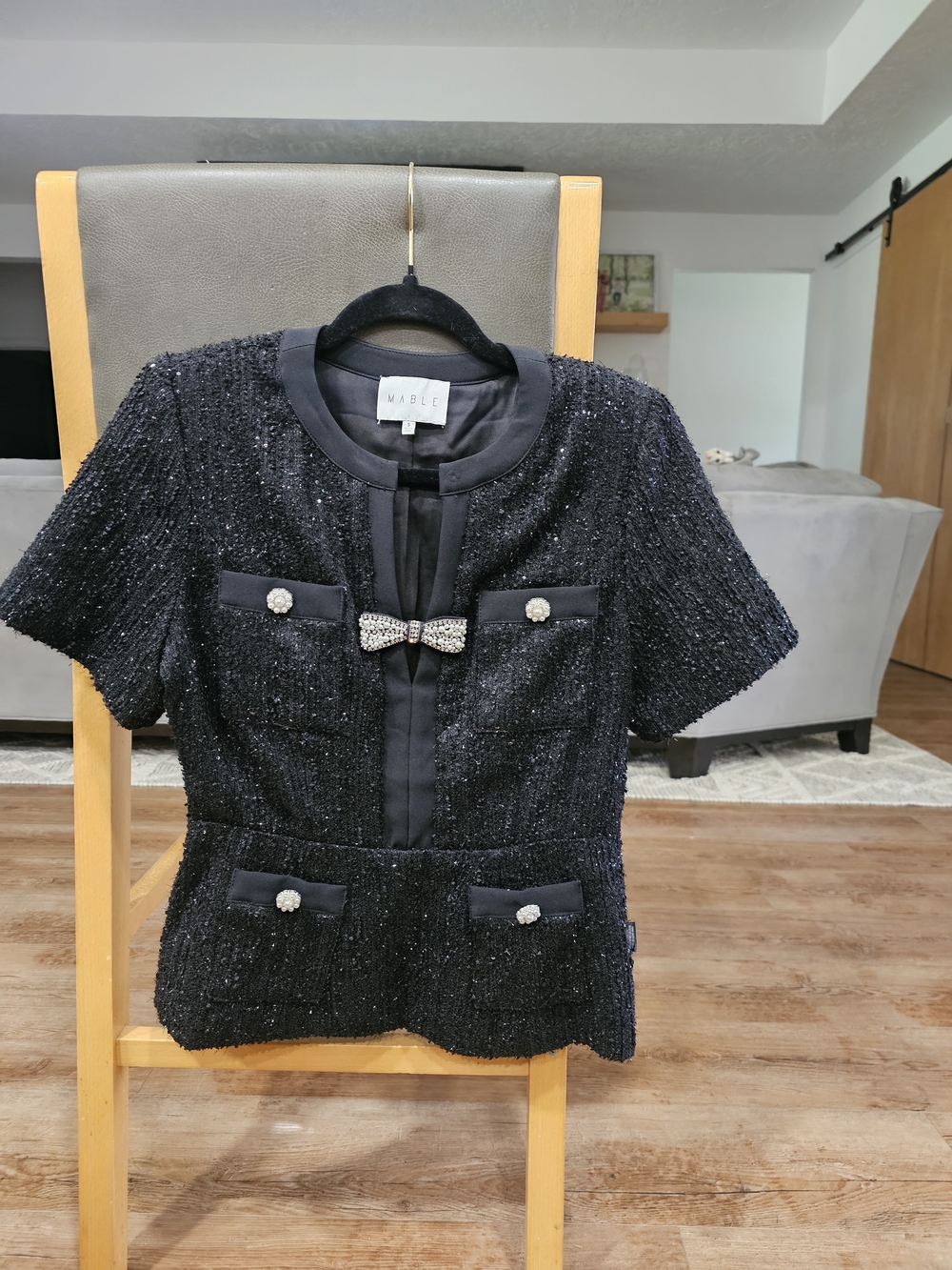 Small MABLE Black Short-Sleeve Tweed Jacket with Crystal Bow